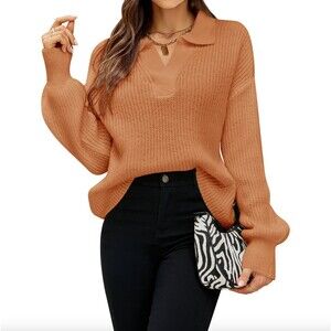 New HUBERY Women V Neck Ribbed Knitted Long Sleeve Solid Pullover Sweater, S